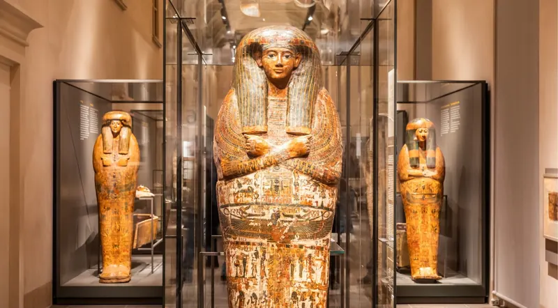 Ancient Egyptian sarcophagi on display inside a Cairo museum
